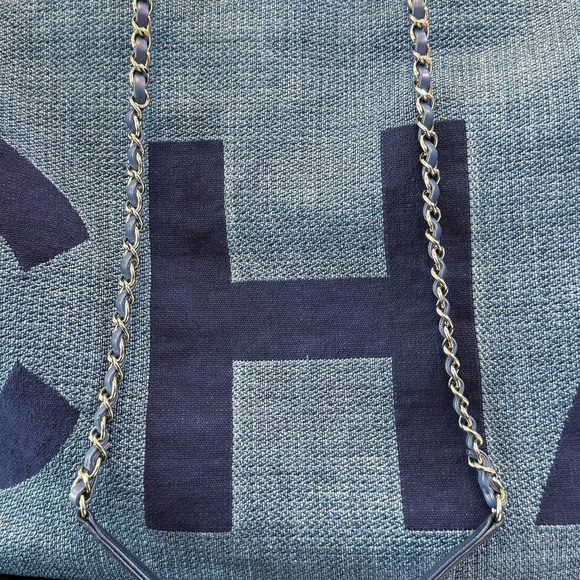 CHANEL Denim Deauville Logo Shopping Chain Tote Large Bag & Card - Picture 3 of 13